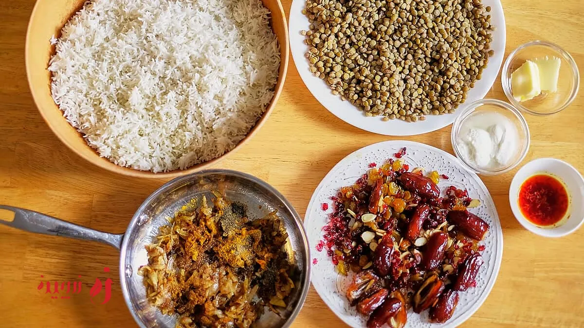 پخت عدس پلو مجلسی با کشمش و پیاز داغ